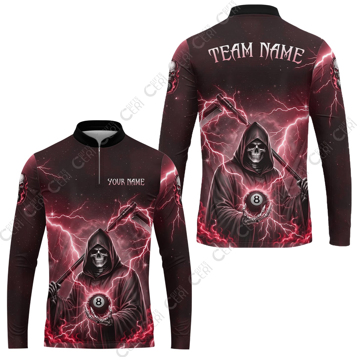 Customized 8 Ball Pool Stand Collar Quarter-Zip Long Sleeve Jersey, Lightning And Flame Grim Reaper With 8 Ball, Personalized Billiards Jersey