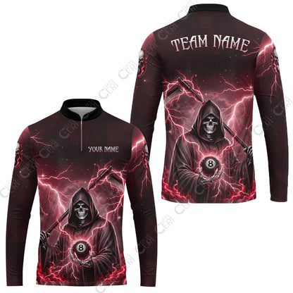 Customized 8 Ball Pool Stand Collar Quarter-Zip Long Sleeve Jersey, Lightning And Flame Grim Reaper With 8 Ball, Personalized Billiards Jersey