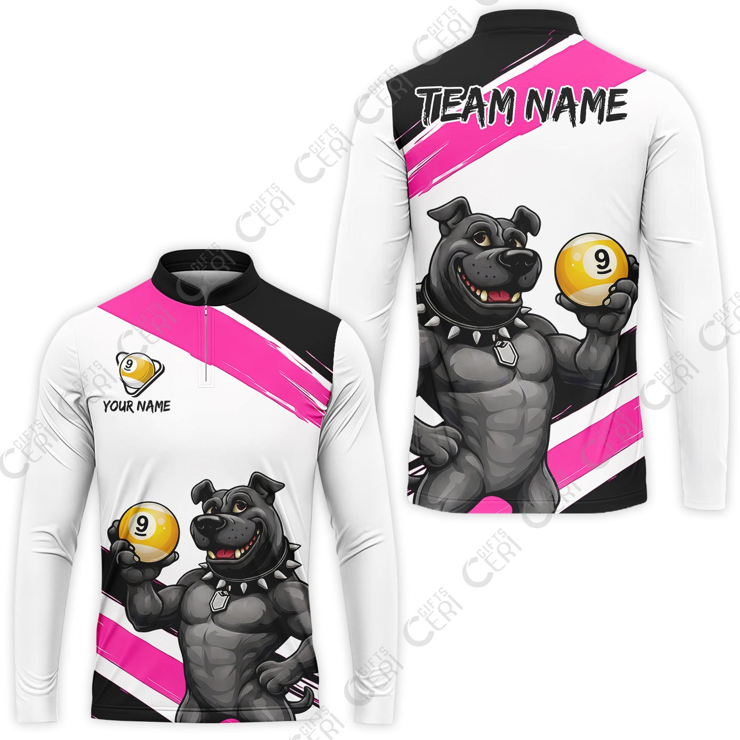 Customized Billiards Stand Collar Quarter-Zip Long Sleeve Jersey, Personalized Pitbull 9 Ball Jersey Gift For Billiard Players