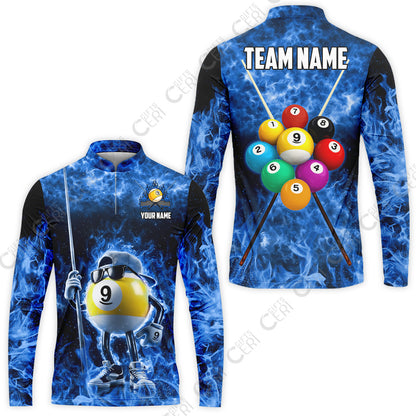 Customized 9 Ball Pool Stand Collar Quarter-Zip Long Sleeve Jersey, 9-Ball Wearing Cap And Sunglasses Flaming Burn, Billiard Jerseys