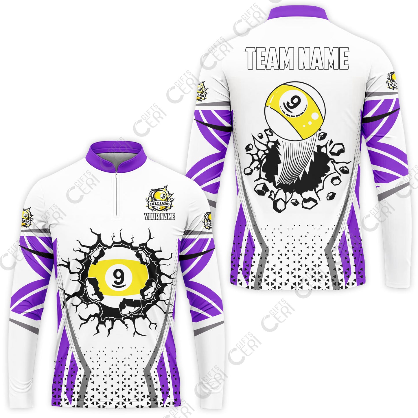 Customized 9 Ball Pool Stand Collar Quarter-Zip Long Sleeve Jersey, Billiard Triangle Pattern, 9-Ball Breaks The Wall, Billiard Jerseys