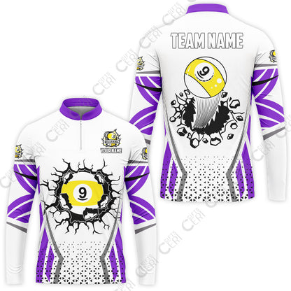 Customized 9 Ball Pool Stand Collar Quarter-Zip Long Sleeve Jersey, Billiard Triangle Pattern, 9-Ball Breaks The Wall, Billiard Jerseys
