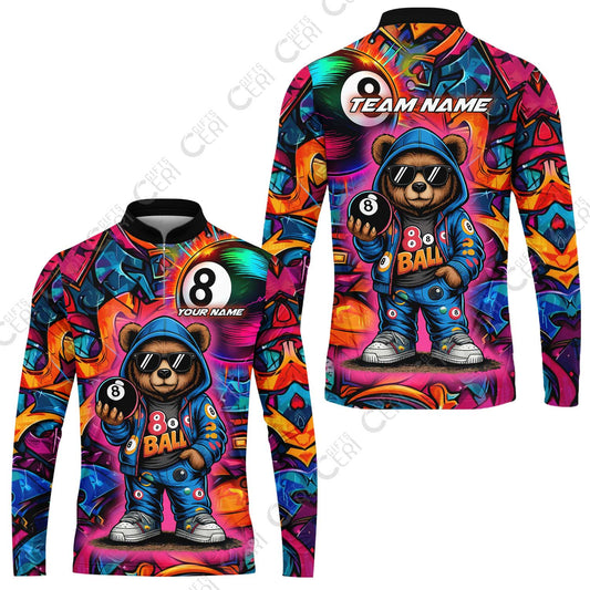 Customized 8 Ball Pool Stand Collar Quarter-Zip Long Sleeve Jersey, Billiard 8-Ball Street Legend, Billiards Jerseys