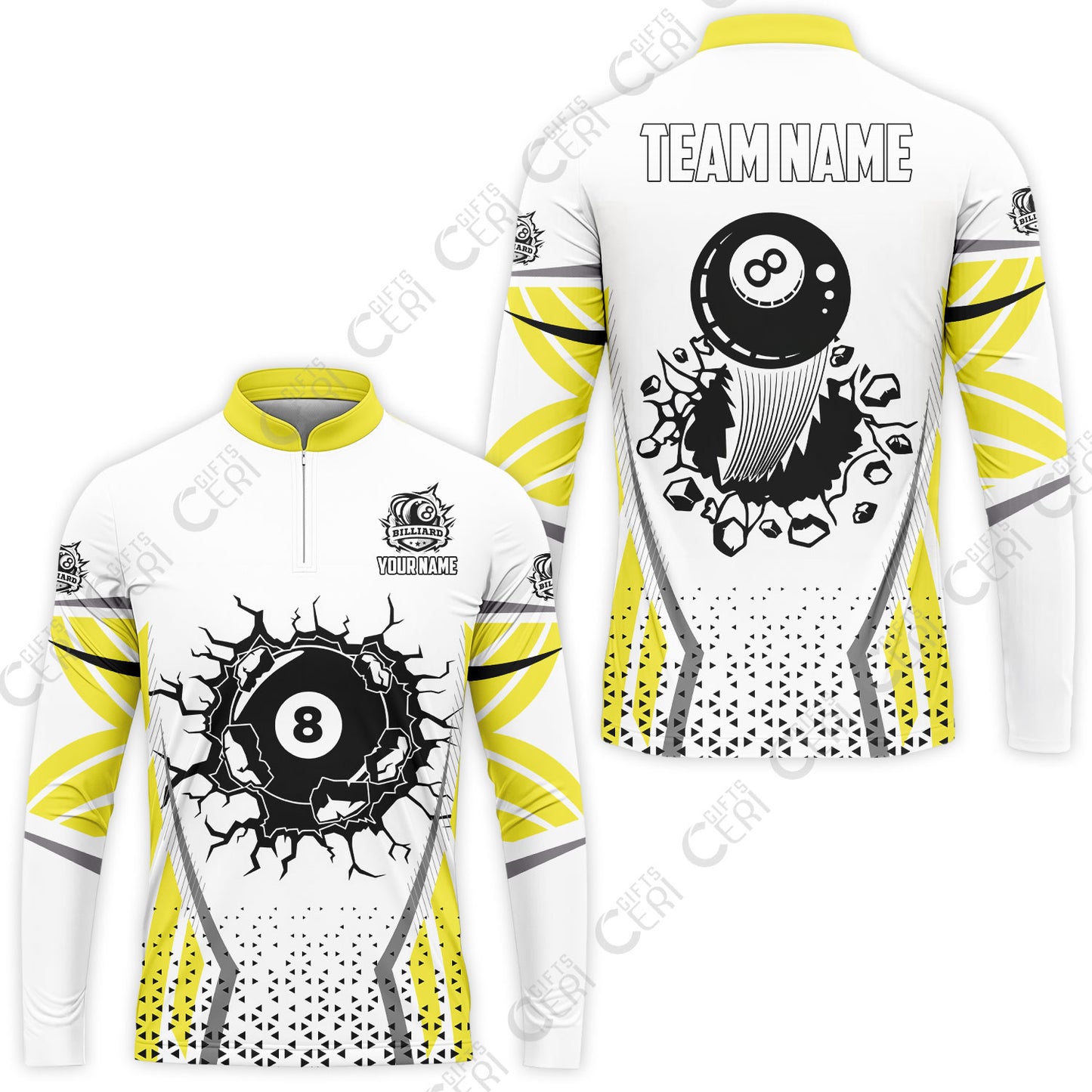Customized 8 Ball Pool Stand Collar Quarter-Zip Long Sleeve Jersey, Billiard Triangle Pattern, 8-Ball Breaks The Wall, Billiard Jerseys