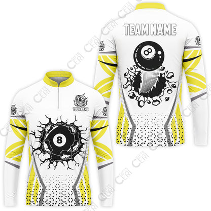 Customized 8 Ball Pool Stand Collar Quarter-Zip Long Sleeve Jersey, Billiard Triangle Pattern, 8-Ball Breaks The Wall, Billiard Jerseys