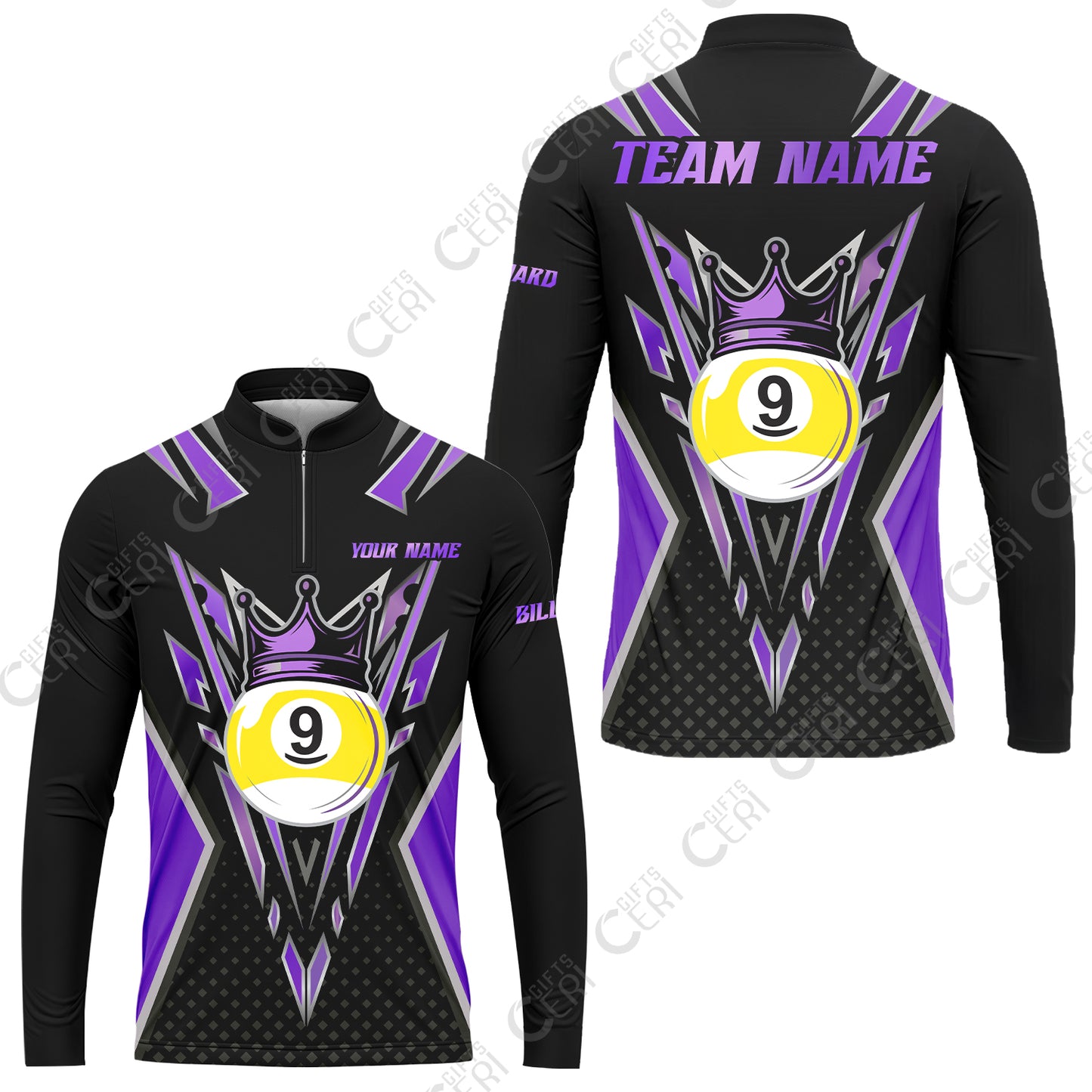 Customized 9 Ball Pool Stand Collar Quarter-Zip Long Sleeve Jersey, Billiard 9-Ball Crown, Billiard Jerseys
