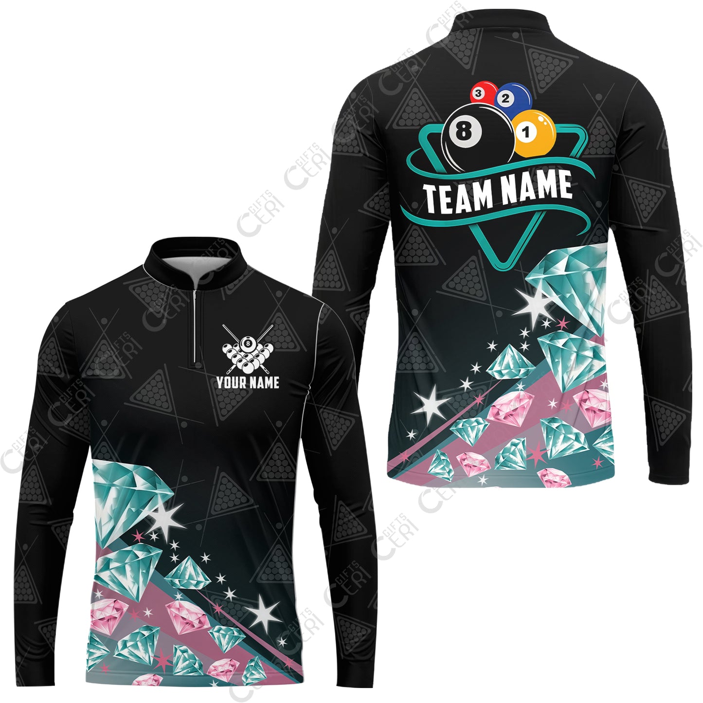 Customized 8 Ball Pool Stand Collar Quarter-Zip Long Sleeve Jersey, Diamonds Billiard 8-Ball, Personalized Billiards Jersey