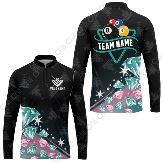 Customized 8 Ball Pool Stand Collar Quarter-Zip Long Sleeve Jersey, Diamonds Billiard 8-Ball, Personalized Billiards Jersey