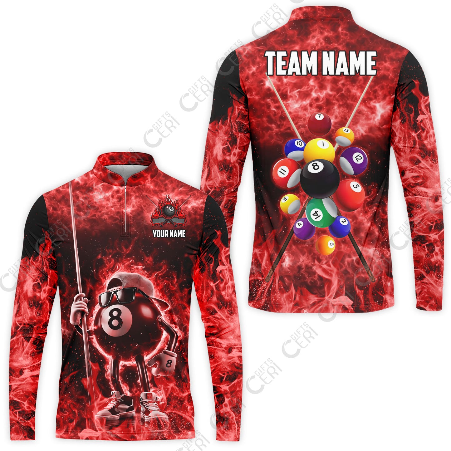 Customized 8 Ball Pool Stand Collar Quarter-Zip Long Sleeve Jersey, 8-Ball Wearing Cap And Sunglasses Flaming Burn, Billiard Jerseys
