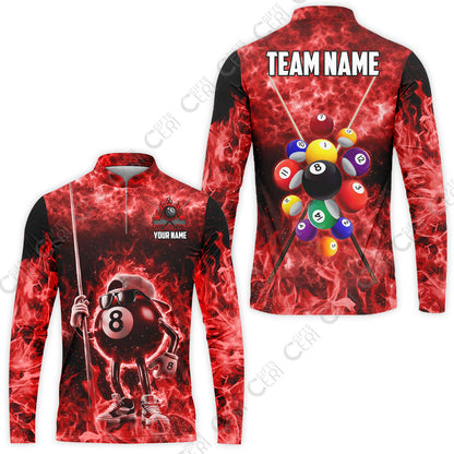 Customized 8 Ball Pool Stand Collar Quarter-Zip Long Sleeve Jersey, 8-Ball Wearing Cap And Sunglasses Flaming Burn, Billiard Jerseys