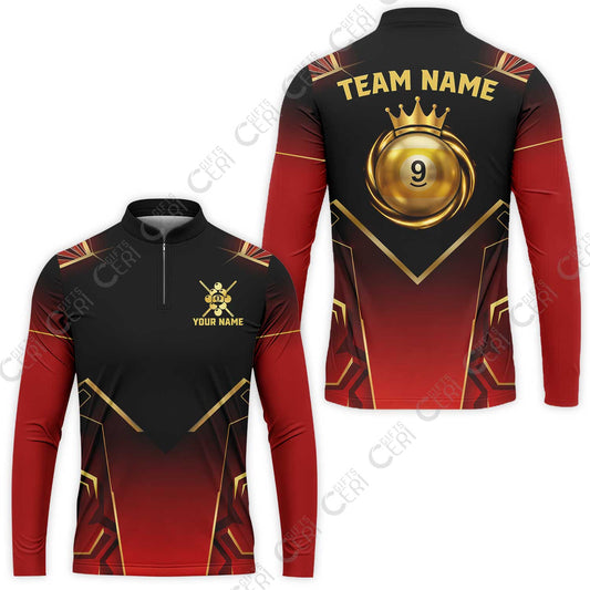 Customized 9 Ball Pool Stand Collar Quarter-Zip Long Sleeve Jersey, Tech-Futuristic 3 Scale 9-Ball, Personalized Billiards Jersey