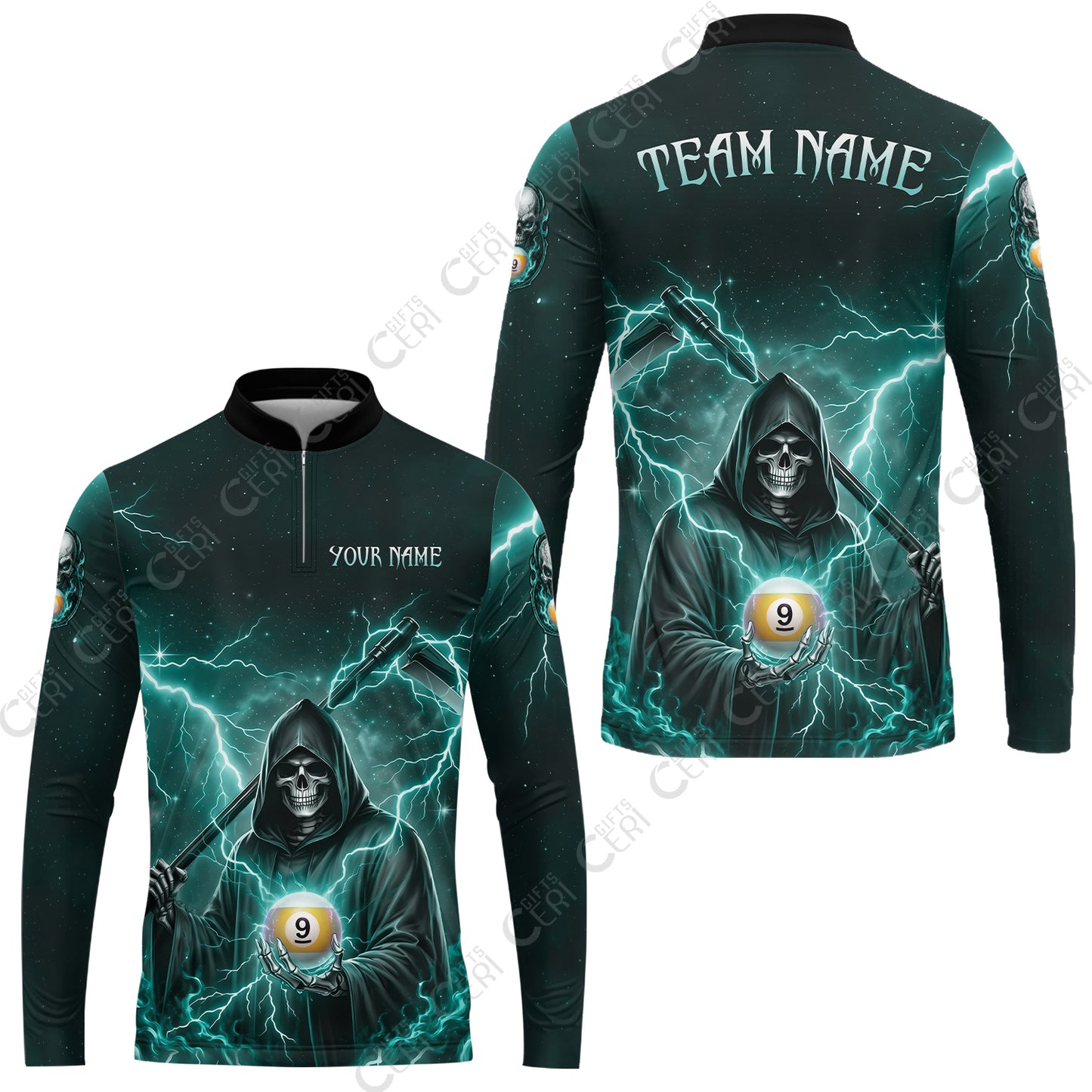 Customized 9 Ball Pool Stand Collar Quarter-Zip Long Sleeve Jersey, Lightning And Flame Grim Reaper With 9 Ball, Personalized Billiards Jersey