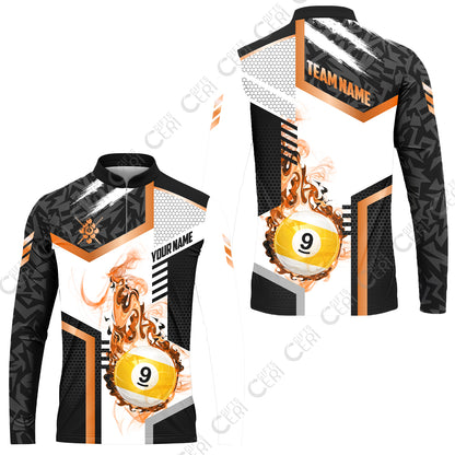 Customized 9 Ball Pool Stand Collar Quarter-Zip Long Sleeve Jersey, Flaming 9-Ball Graphic, Billiards Jersey