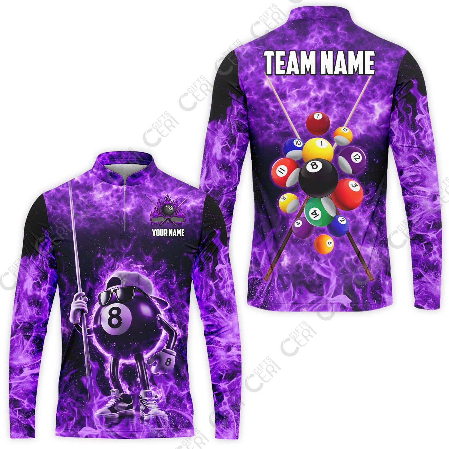 Customized 8 Ball Pool Stand Collar Quarter-Zip Long Sleeve Jersey, 8-Ball Wearing Cap And Sunglasses Flaming Burn, Billiard Jerseys