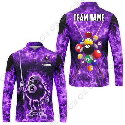 Customized 8 Ball Pool Stand Collar Quarter-Zip Long Sleeve Jersey, 8-Ball Wearing Cap And Sunglasses Flaming Burn, Billiard Jerseys