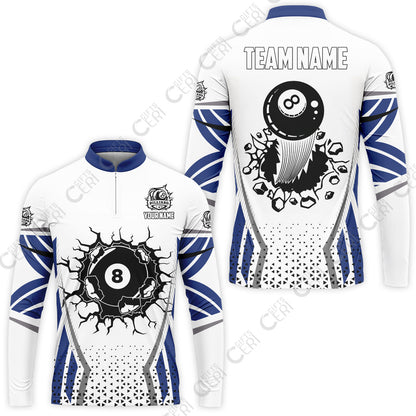 Customized 8 Ball Pool Stand Collar Quarter-Zip Long Sleeve Jersey, Billiard Triangle Pattern, 8-Ball Breaks The Wall, Billiard Jerseys