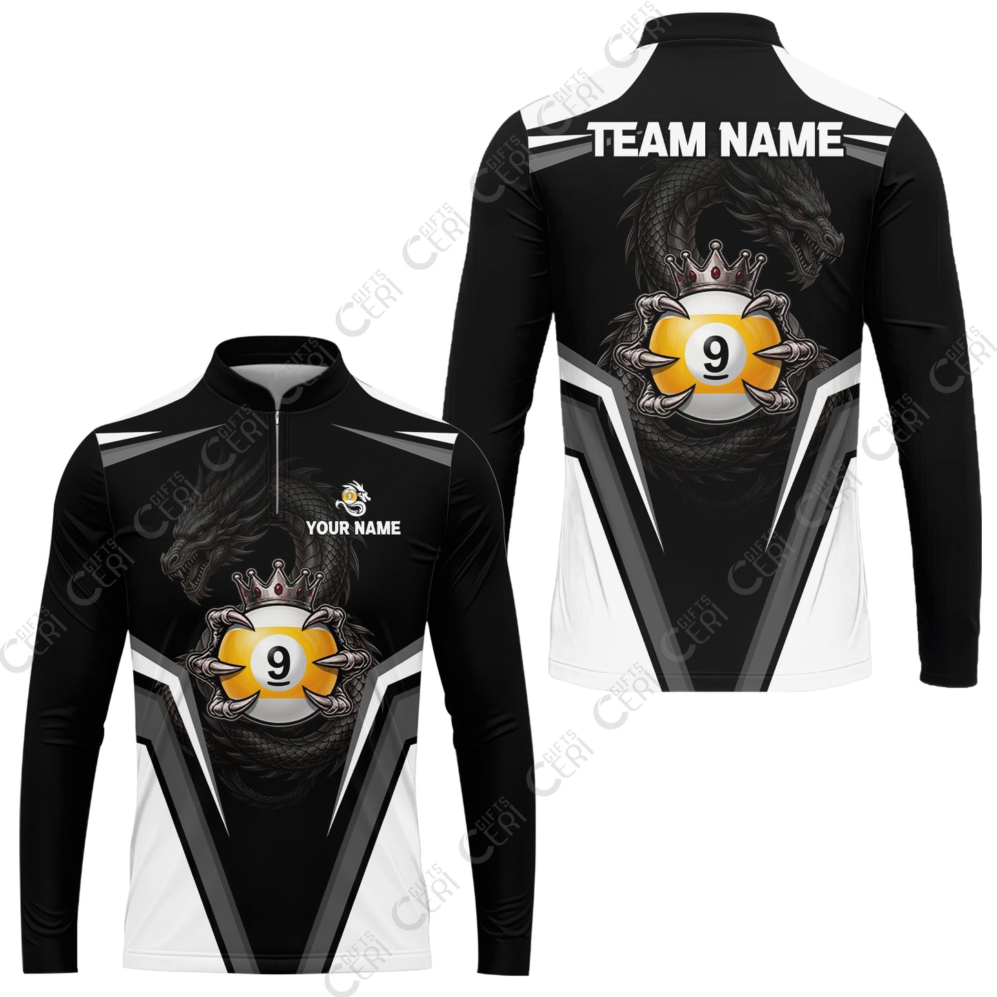 Customized 9 Ball Pool Stand Collar Quarter-Zip Long Sleeve Jersey, Dragon's Holding 9-Ball, Personalized Billiards Jersey