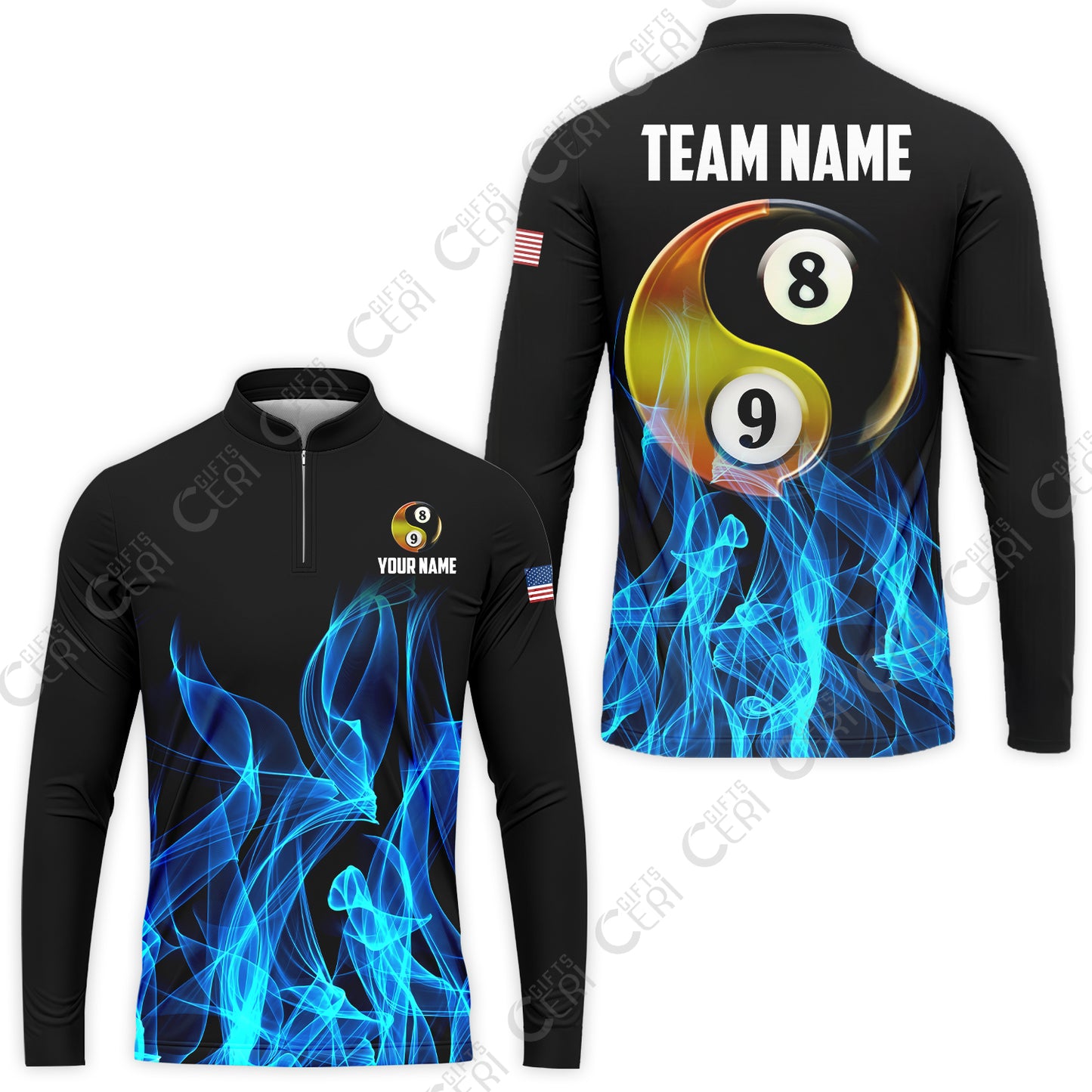 Customized Billiard Stand Collar Quarter-Zip Long Sleeve Jersey, Billiard 8-Ball And 9-Ball Yin-Yang Flame, Billiard Jerseys