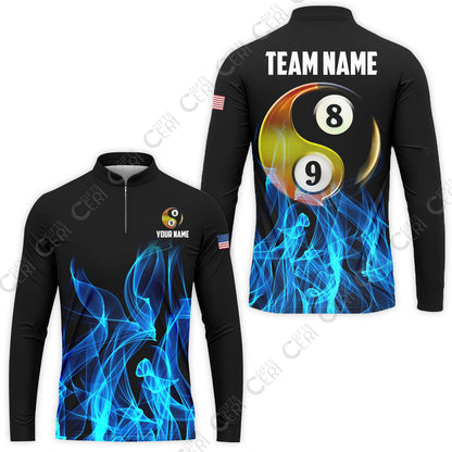 Customized Billiard Stand Collar Quarter-Zip Long Sleeve Jersey, Billiard 8-Ball And 9-Ball Yin-Yang Flame, Billiard Jerseys