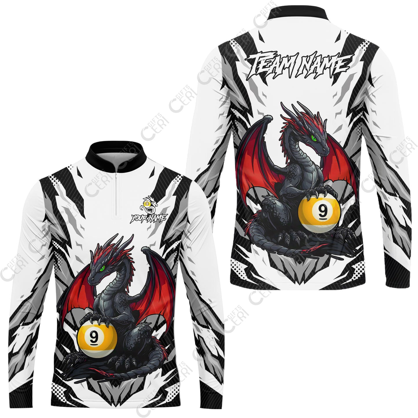 Customized Billiards Stand Collar Quarter-Zip Long Sleeve Jersey, Personalized Baby Dragon 9 Ball Jersey Gift For Billiard Players
