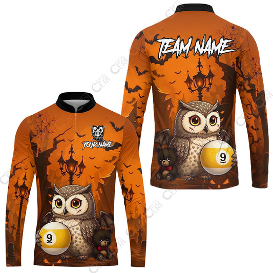 Customized 9 Ball Pool Stand Collar Quarter-Zip Long Sleeve Jersey, Halloween Owl Holding 9-Ball, Personalized Billiards Jersey
