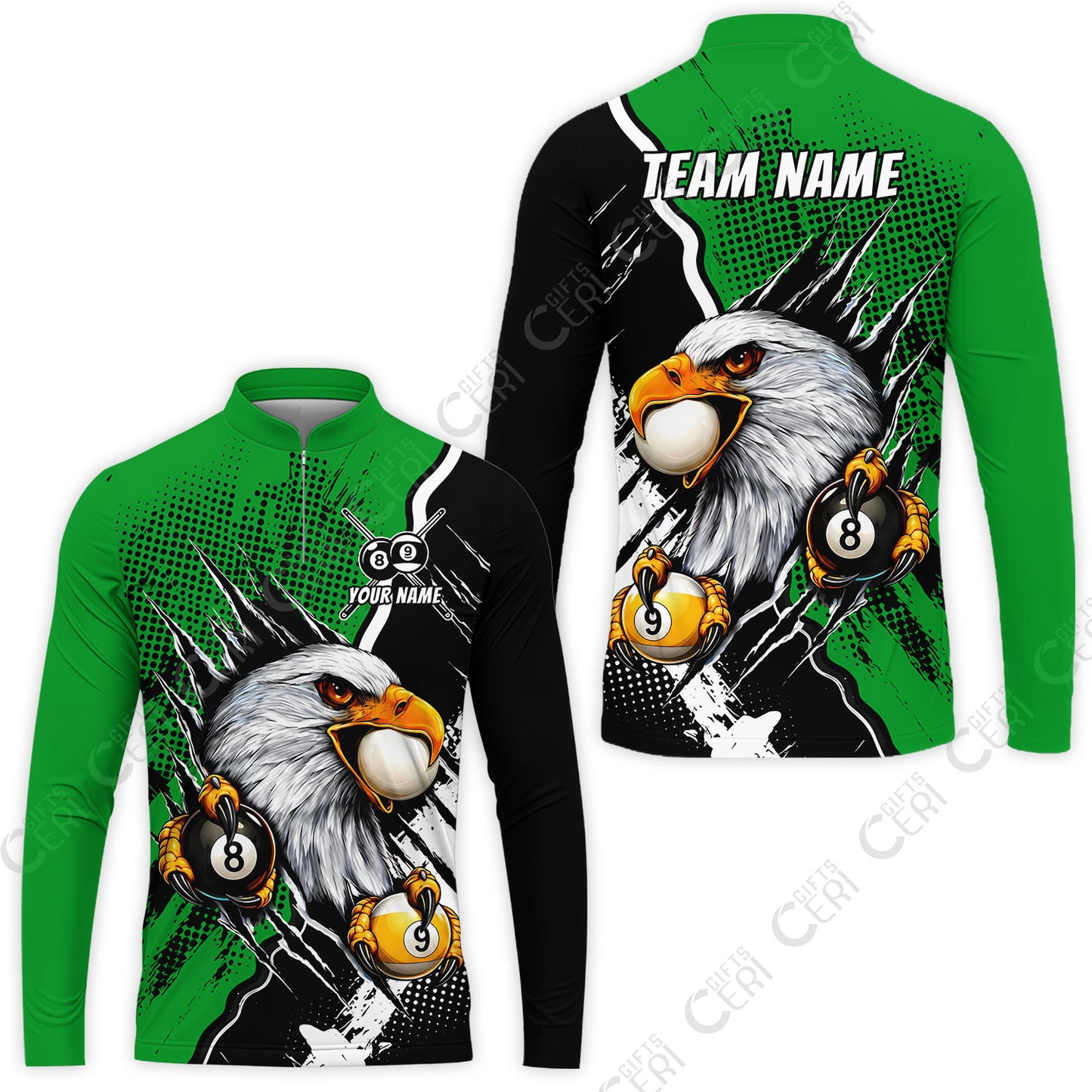 Customized Billiards Stand Collar Quarter-Zip Long Sleeve Jersey, 8 & 9 Ball Billiard Eagle Comic Dot Halftone Background Color, Billiards Jerseys