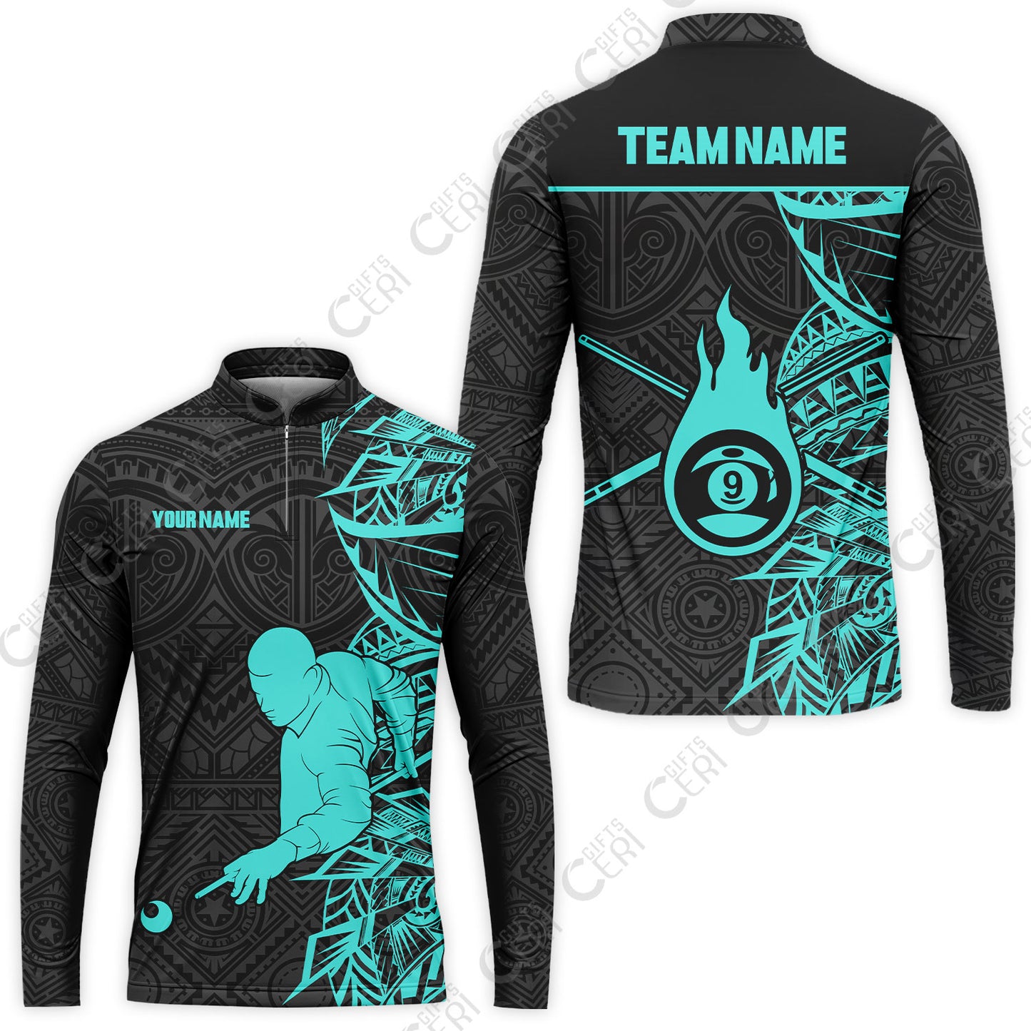 Customized 9 Ball Pool Stand Collar Quarter-Zip Long Sleeve Jersey, 9-Ball Billiards Tattoo Pattern, Billiards Jerseys
