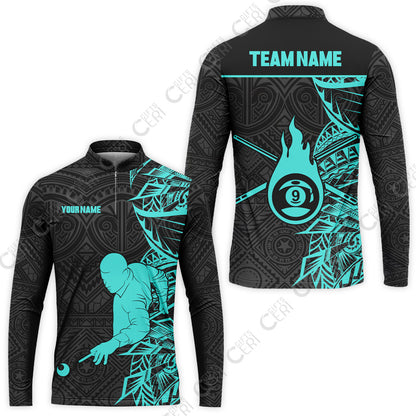 Customized 9 Ball Pool Stand Collar Quarter-Zip Long Sleeve Jersey, 9-Ball Billiards Tattoo Pattern, Billiards Jerseys