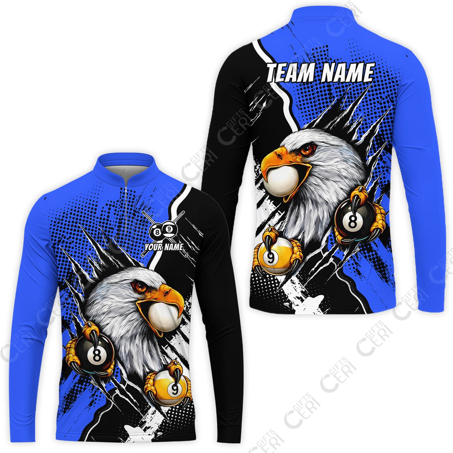 Customized Billiards Stand Collar Quarter-Zip Long Sleeve Jersey, 8 & 9 Ball Billiard Eagle Comic Dot Halftone Background Color, Billiards Jerseys