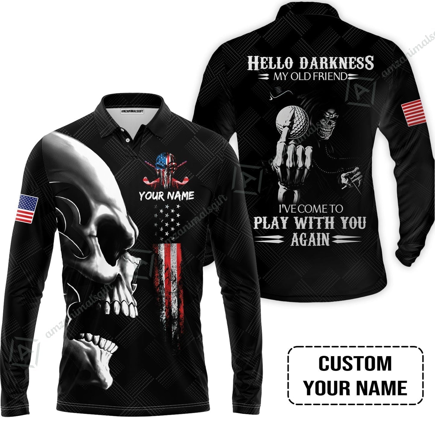 Personalized Golf Hawaiian Shirt- Custom Name Skull Shirt, Golf American Flag Hello Darkness My Old Friend Hawaiian Shirt