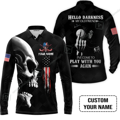Personalized Golf Hawaiian Shirt- Custom Name Skull Shirt, Golf American Flag Hello Darkness My Old Friend Hawaiian Shirt