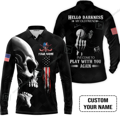 Personalized Golf Men Polo Shirt - Custom Name Skull Shirt, Golf American Flag Hello Darkness My Old Friend Men Polo Shirt