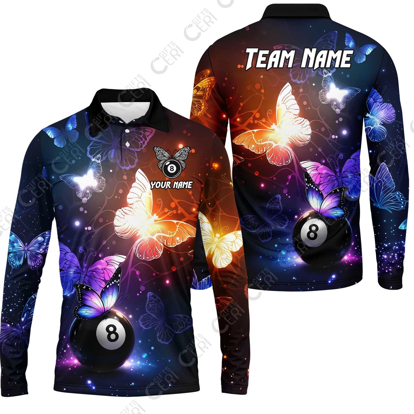 Customized 8 Ball Pool Long Sleeve Polo Shirt, Billiard Butterfly Sparkle 8-Ball, Personalized Billiards Jersey