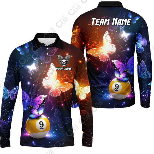 Customized 9 Ball Pool Long Sleeve Polo Shirt, Brush Paint Billiard Butterfly Sparkle 9-Ball, Personalized Billiards Jersey