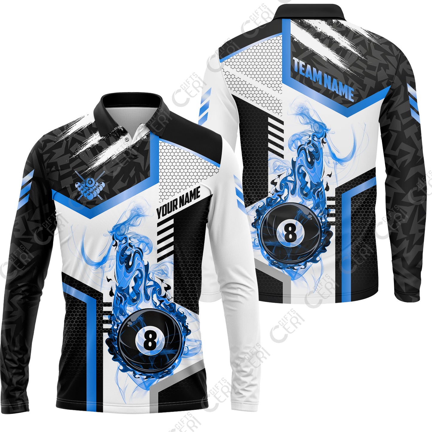 Customized Billiards Long Sleeve Polo Shirt, Flaming 8-Ball Graphic, 8 Ball Pool Jersey