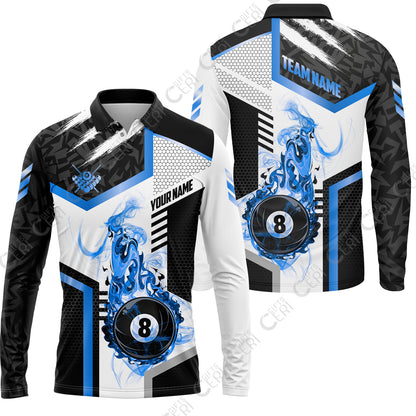 Customized Billiards Long Sleeve Polo Shirt, Flaming 8-Ball Graphic, 8 Ball Pool Jersey