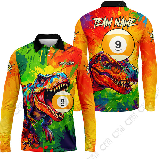 Customized 9 Ball Pool Long Sleeve Polo Shirt, Dinosaur Colorful Splash Paint Billiard 9-Ball, Personalized Billiards Jersey