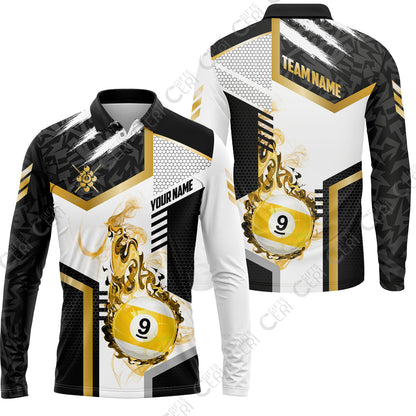 Customized 9 Ball Pool Long Sleeve Polo Shirt, Flaming 9-Ball Graphic, Billiards Jersey