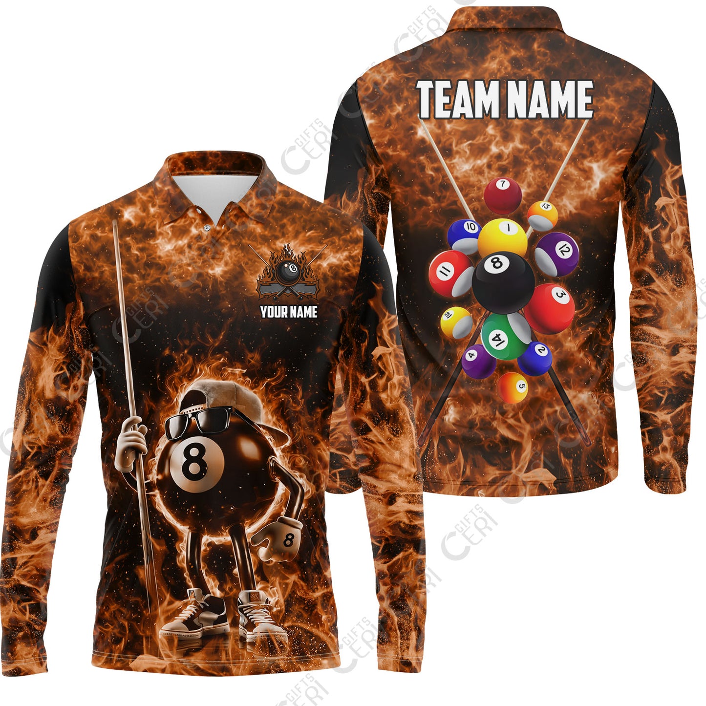 Customized 8 Ball Pool Long Sleeve Polo Shirt, 8-Ball Wearing Cap And Sunglasses Flaming Burn, Billiard Jerseys