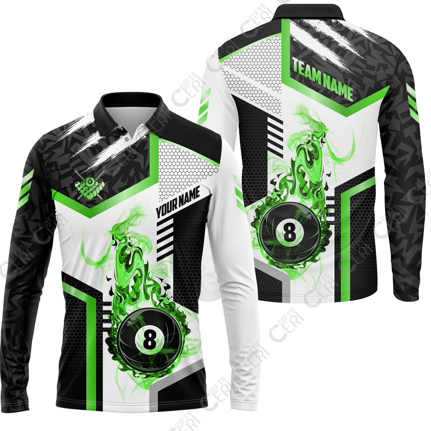 Customized Billiards Long Sleeve Polo Shirt, Flaming 8-Ball Graphic, 8 Ball Pool Jersey