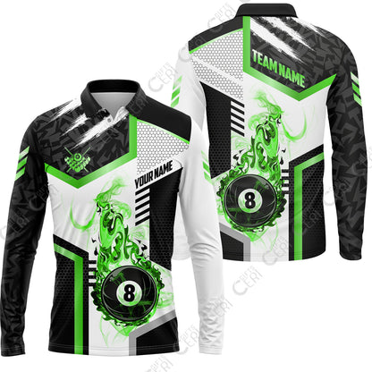 Customized Billiards Long Sleeve Polo Shirt, Flaming 8-Ball Graphic, 8 Ball Pool Jersey