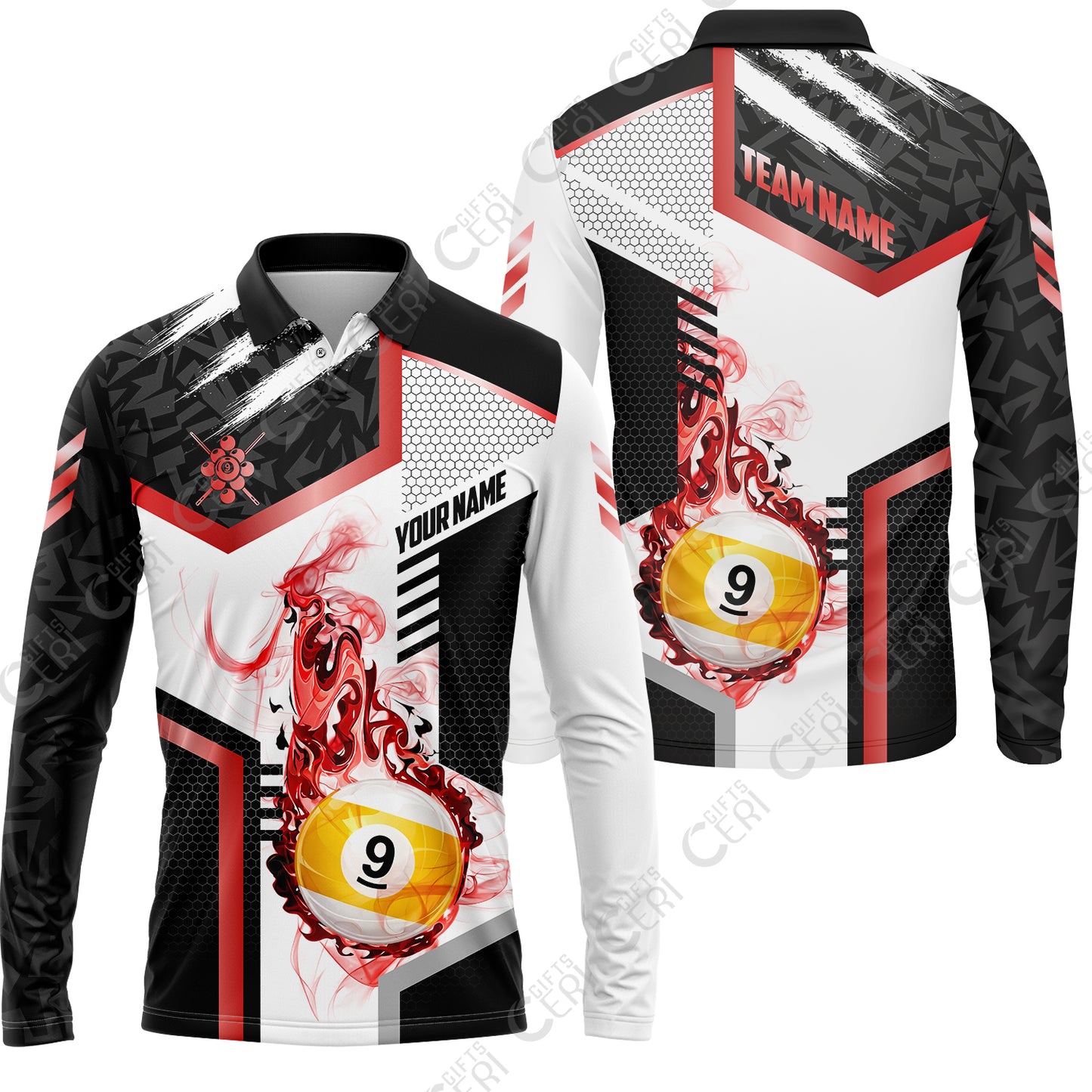 Customized 9 Ball Pool Long Sleeve Polo Shirt, Flaming 9-Ball Graphic, Billiards Jersey