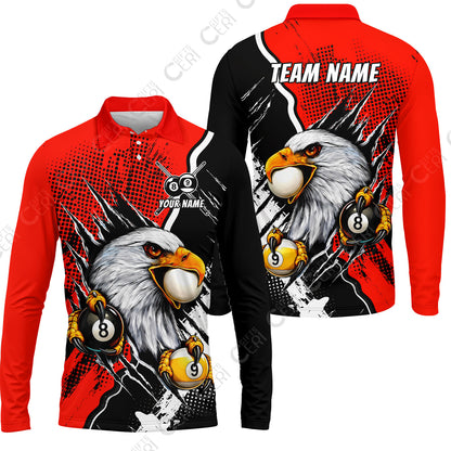 Customized Billiards Long Sleeve Polo Shirt, 8 & 9 Ball Billiard Eagle Comic Dot Halftone Background Color, Billiards Jerseys