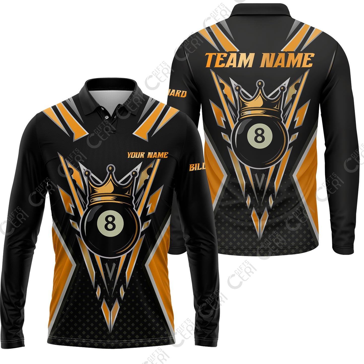 Customized 8 Ball Pool Long Sleeve Polo Shirt, Billiard 8-Ball Crown, Billiard Jerseys