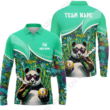 Customized 9 Ball Pool Long Sleeve Polo Shirt, 9-Ball Panda Bamboo Billiards, Billiards Jerseys