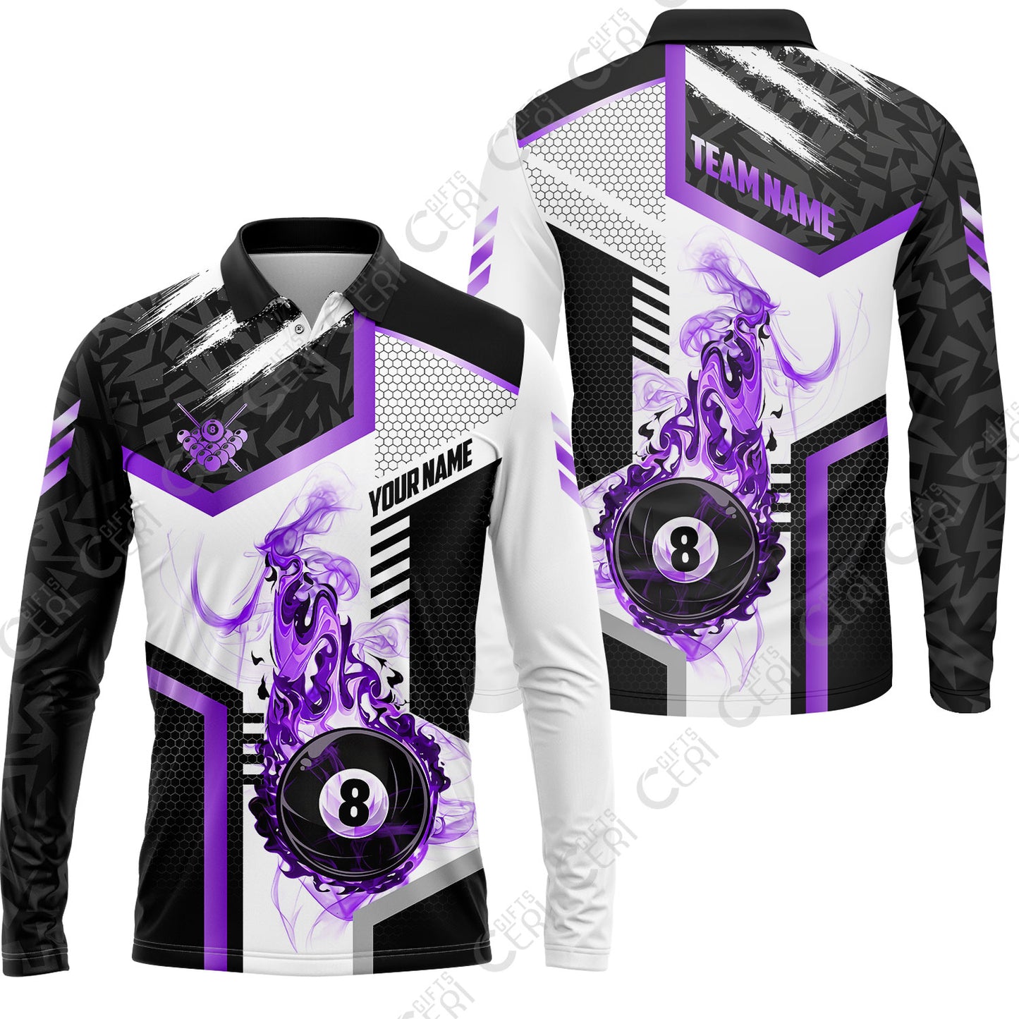 Customized Billiards Long Sleeve Polo Shirt, Flaming 8-Ball Graphic, 8 Ball Pool Jersey