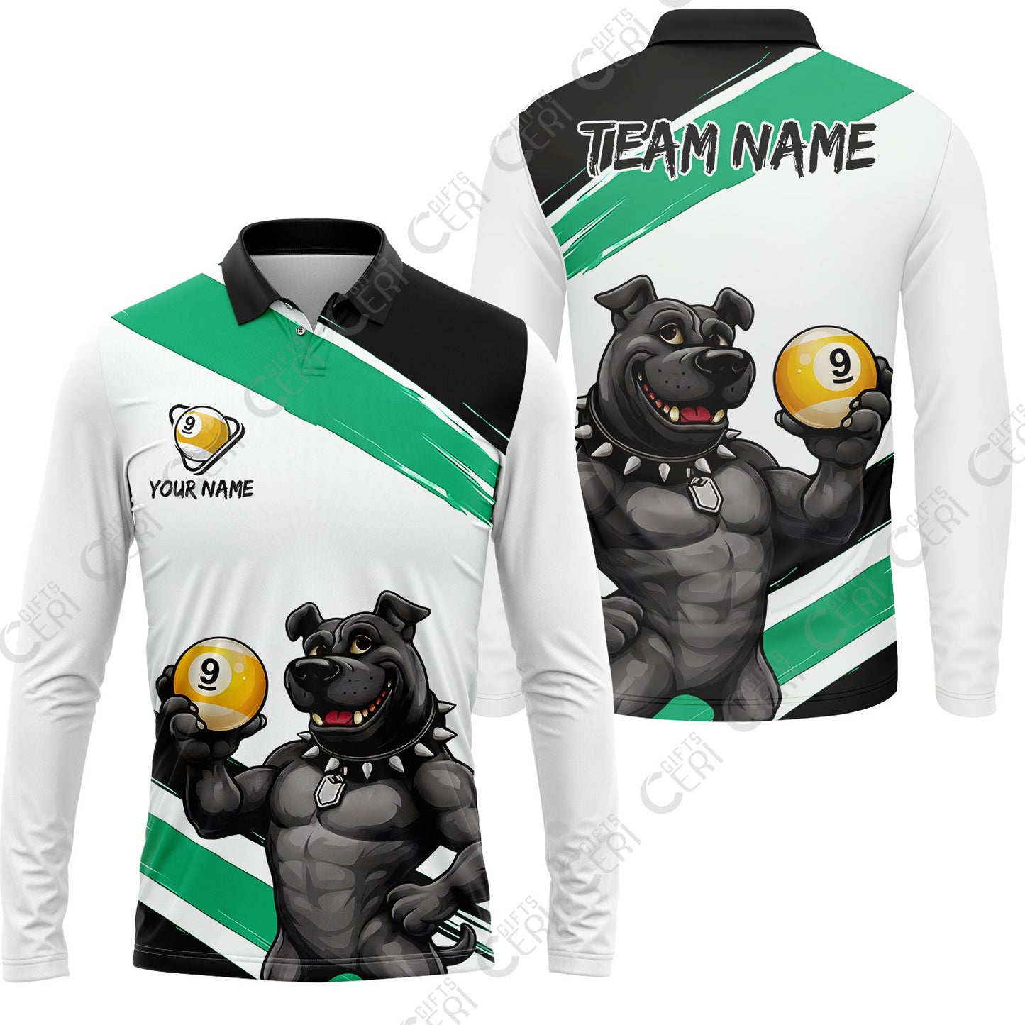 Customized Billiards Long Sleeve Polo Shirt, Personalized Pitbull 9 Ball Jersey Gift For Billiard Players