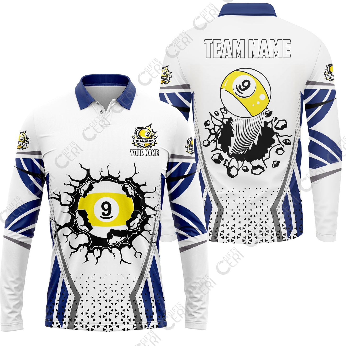 Customized 9 Ball Pool Long Sleeve Polo Shirt, Billiard Triangle Pattern, 9-Ball Breaks The Wall, Billiard Jerseys
