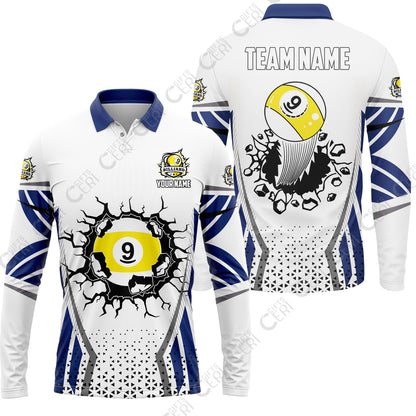 Customized 9 Ball Pool Long Sleeve Polo Shirt, Billiard Triangle Pattern, 9-Ball Breaks The Wall, Billiard Jerseys