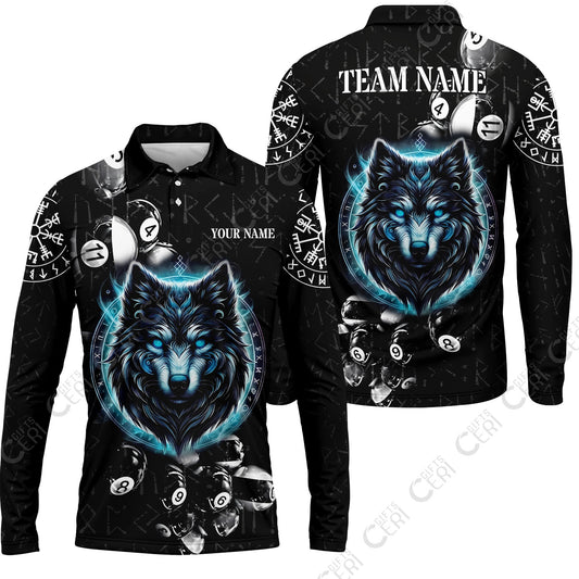 Customized Billiards Long Sleeve Polo Shirt, Wolf Runic Viking Black Grunge Alphabet, Billiards Jerseys